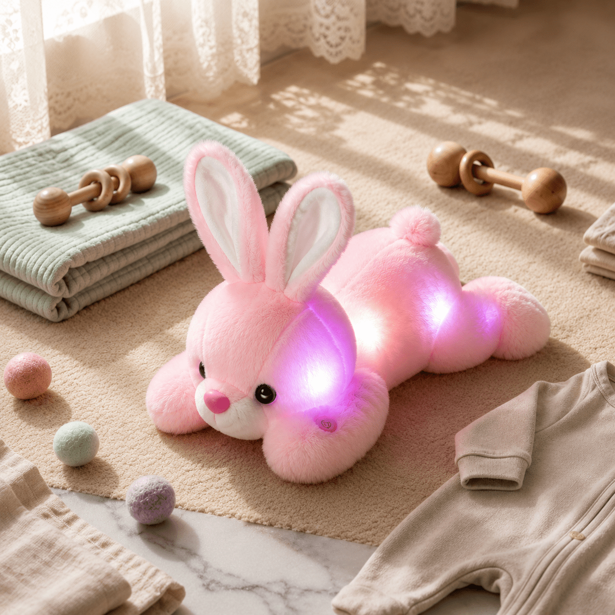 Pink glowing bunny plush toy on a marble surface with baby items around